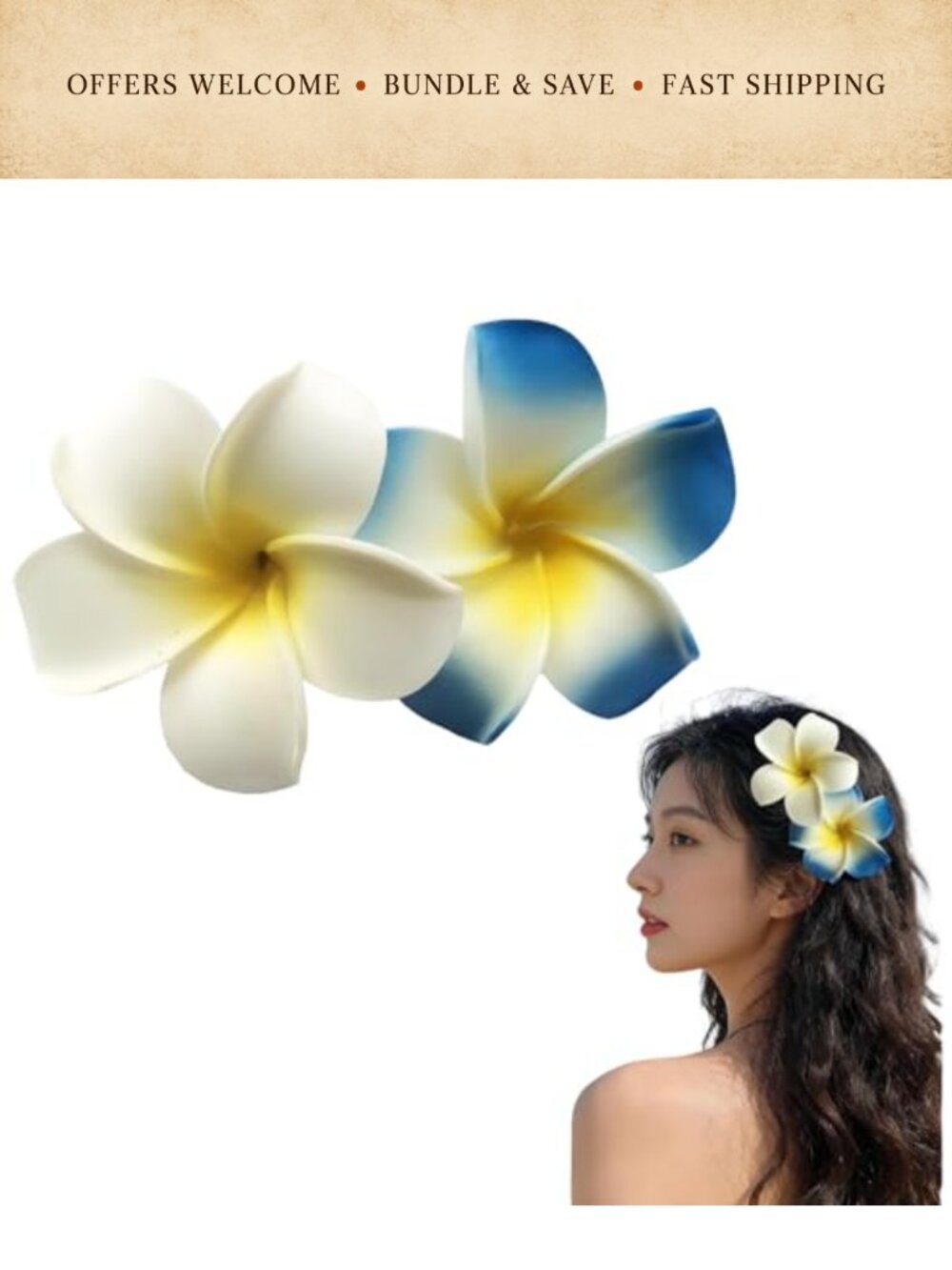 2Pc Hawaiian Flower Hair Clips Foam 7cm Beach Party Tropical Hair Accessories